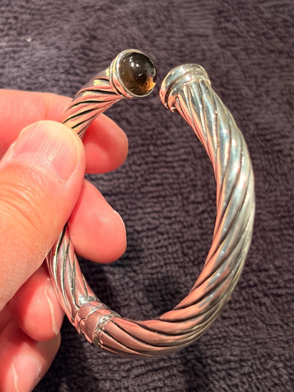 925 Silver Cable Cuff Bracelet with Smoky Quartz. - Picture 4 of 11